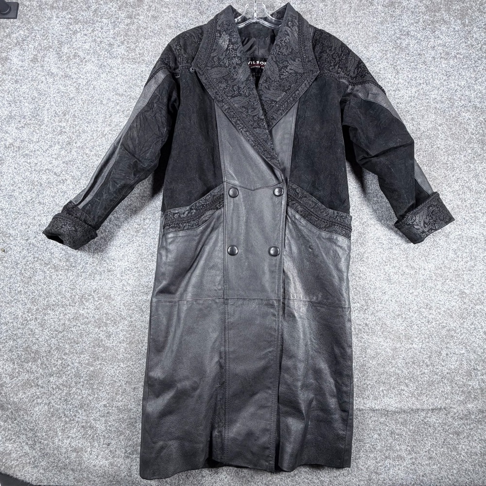 Vintage Wilsons Trench Coat Womens PXS Black Suede‎ Leather Embroidered Paisley